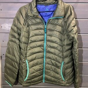 Prana Olive Quilted Puffer Jacket with Teal Trim